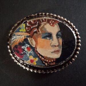 Hand Painted Flapper Portrait Brooch